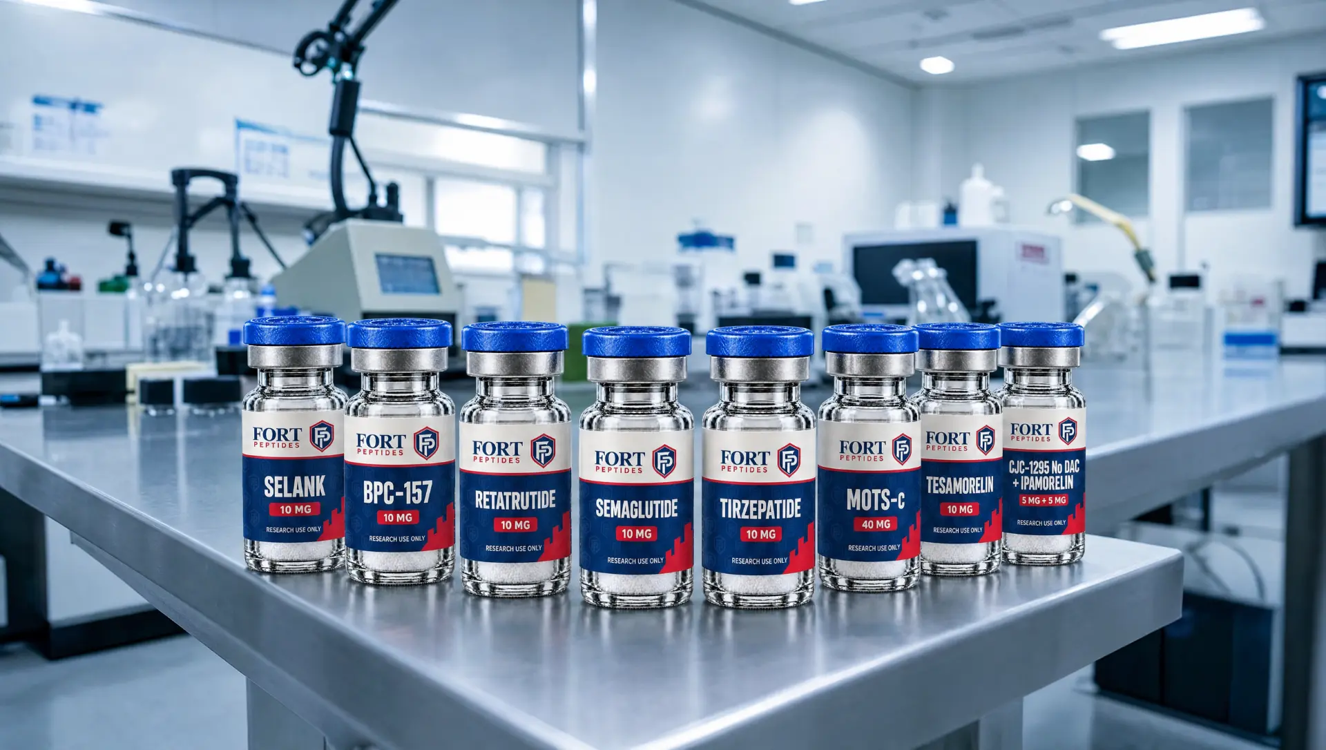 Row of Fort Peptides research vials on a stainless steel laboratory counter